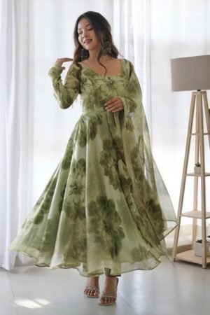 Mehandi Organza Printed Anarkali Gown With Pant & Dupatta Set