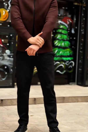 Cantabil solid maroon full-sleeve band-collar sweater or pullover for men.