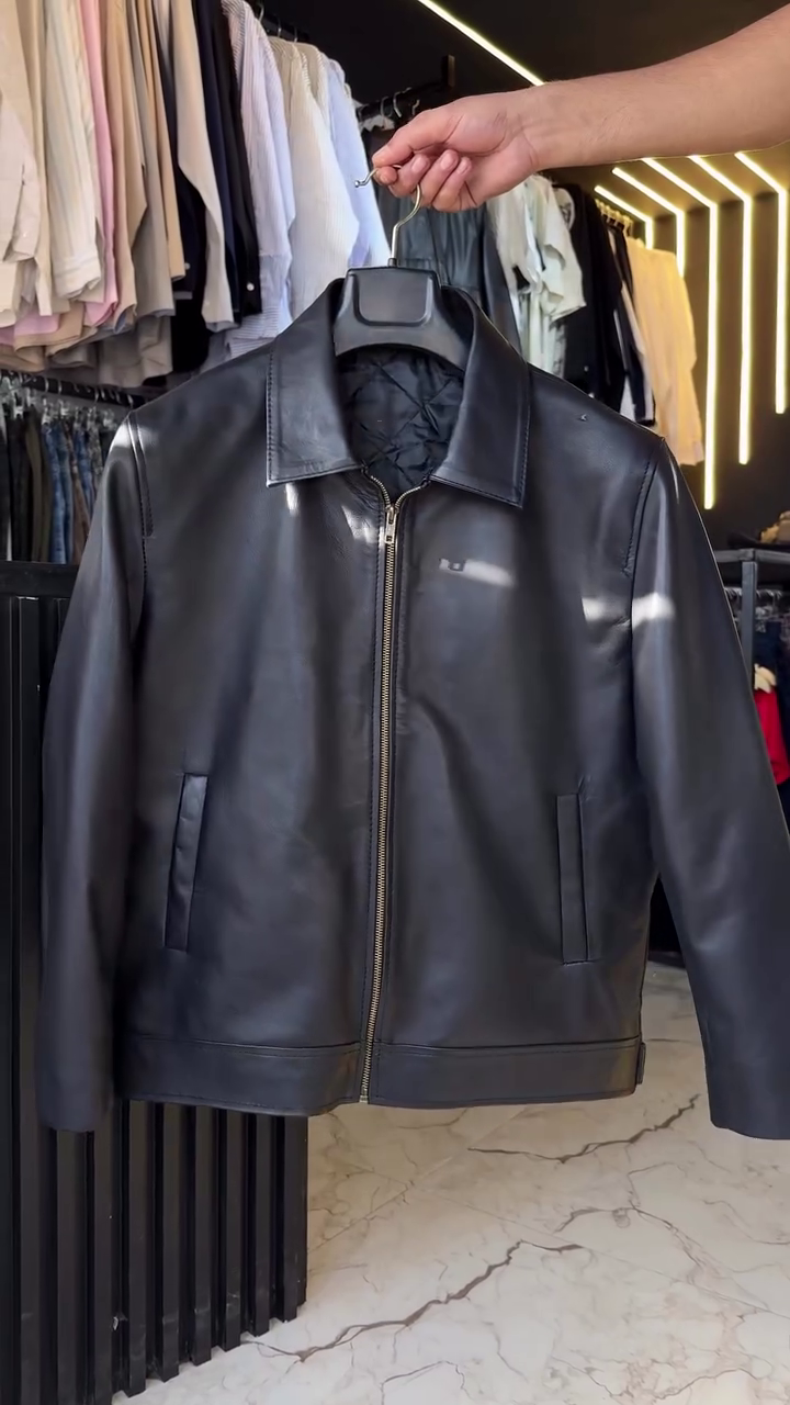 The Modern Essential: Men’s Minimalist Black Faux Leather Shirt-Collar Jacket
