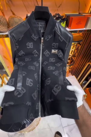 Men’s Logo-Print Bomber with Leather Sleeves