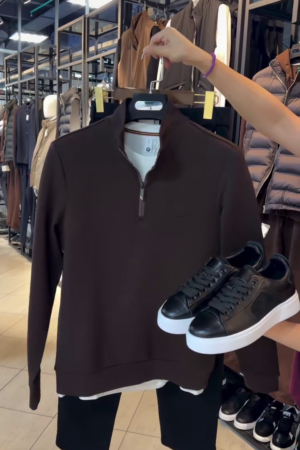 Men’s Chocolate Brown Quarter-Zip Cotton-Rich Jersey Sweatshirt