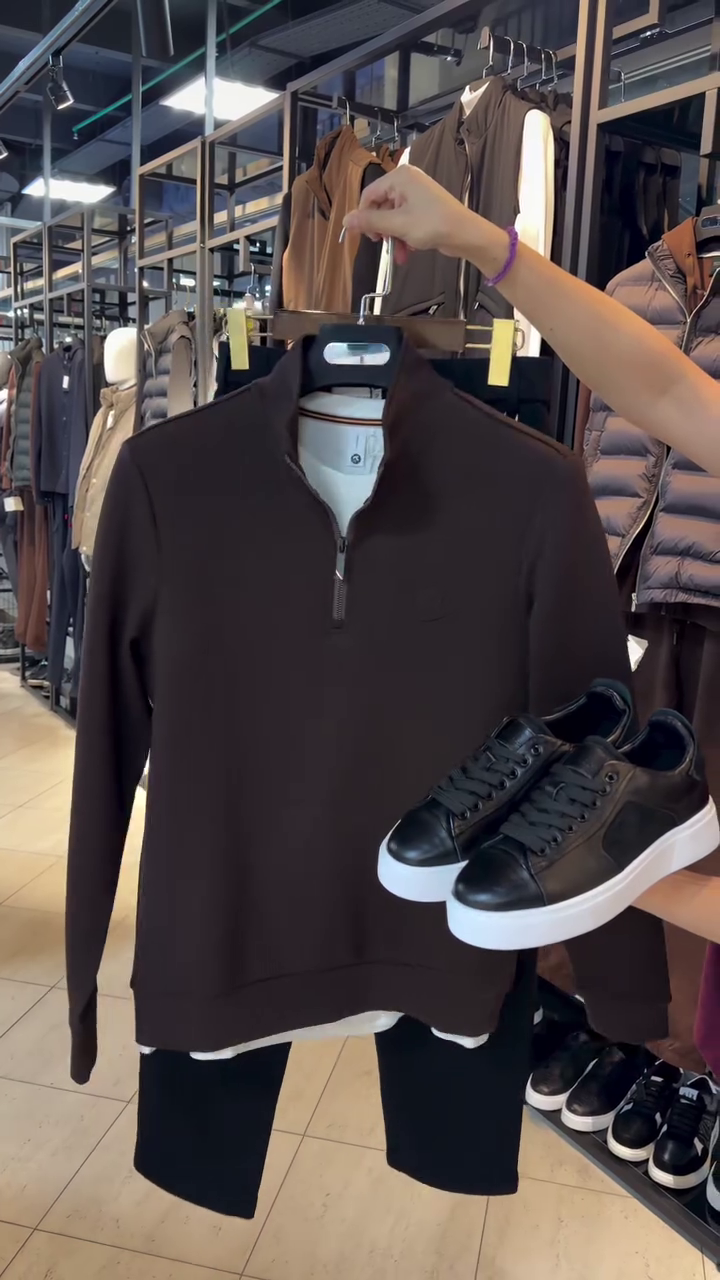 Men’s Chocolate Brown Quarter-Zip Cotton-Rich Jersey Sweatshirt